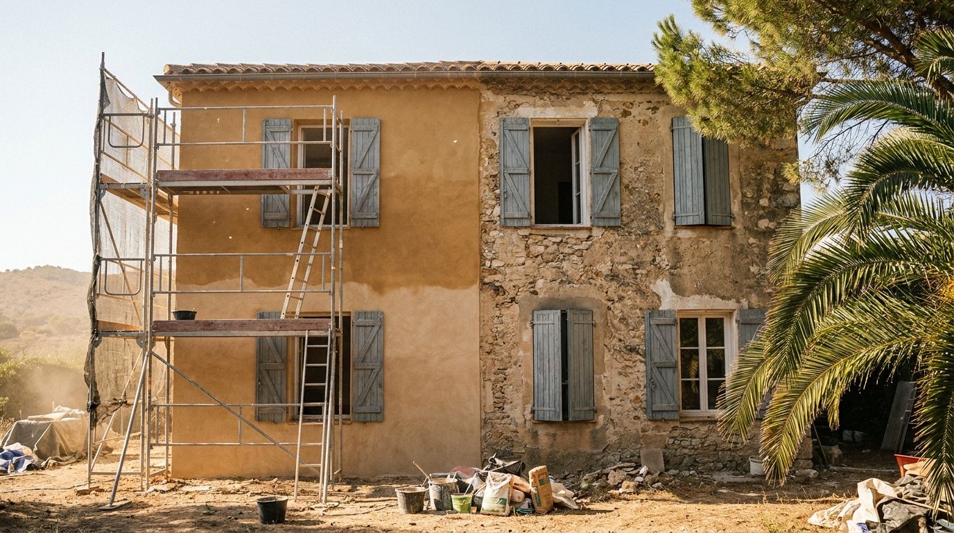 Façade provençale en cours de ravalement (illustration)